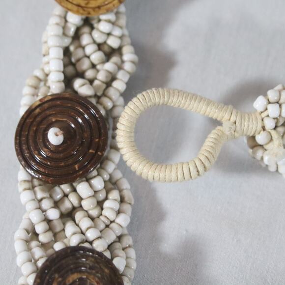 Vintage Belt Braided Strands Of Beige Brown Glass Beads Button Toggle Tassel - Picture 8 of 11